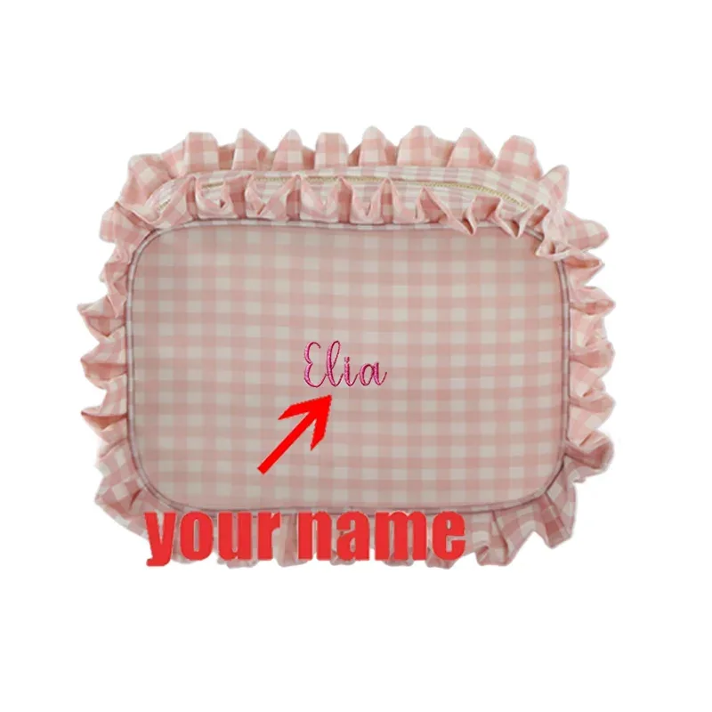pochette de toilette personnalisée à volants, pochette à maquillage à carreaux, pochette à maquillage personnalisée avec nom, cadeau pour demoiselle d'honneur, cadeau de pâques pour elle