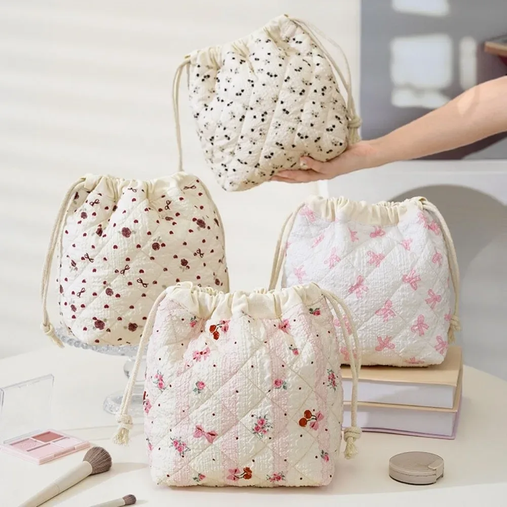 sac à cosmétiques en coton matelassé doux, sac de rangement pour bijoux à cordon, sac de rangement pour rouge à lèvres, sac à maquillage esthétique à fleurs douces, sac de voyage