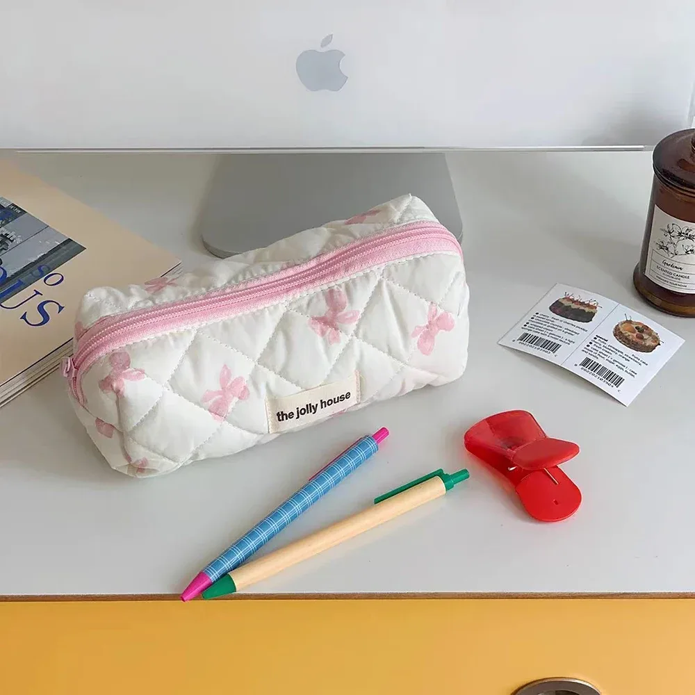 sac de rangement cosmétique en coton matelassé pour femme, nœud simple, sac à main d'évaluation de maquillage rouge à lèvres, sacs à fermeture éclair de grande capacité, mignon, nouveau