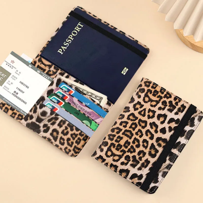 housse de passeport avec bande de fixation, étanche, avec clip intégré, protection rfid, motif léopard, porte-passeport, accessoires de voyage