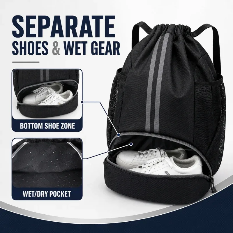 sac à dos de basketball avec cordon de serrage et compartiment à chaussures, sac de sport à séparation humide/sec pour la natation, l'entraînement et le fitness