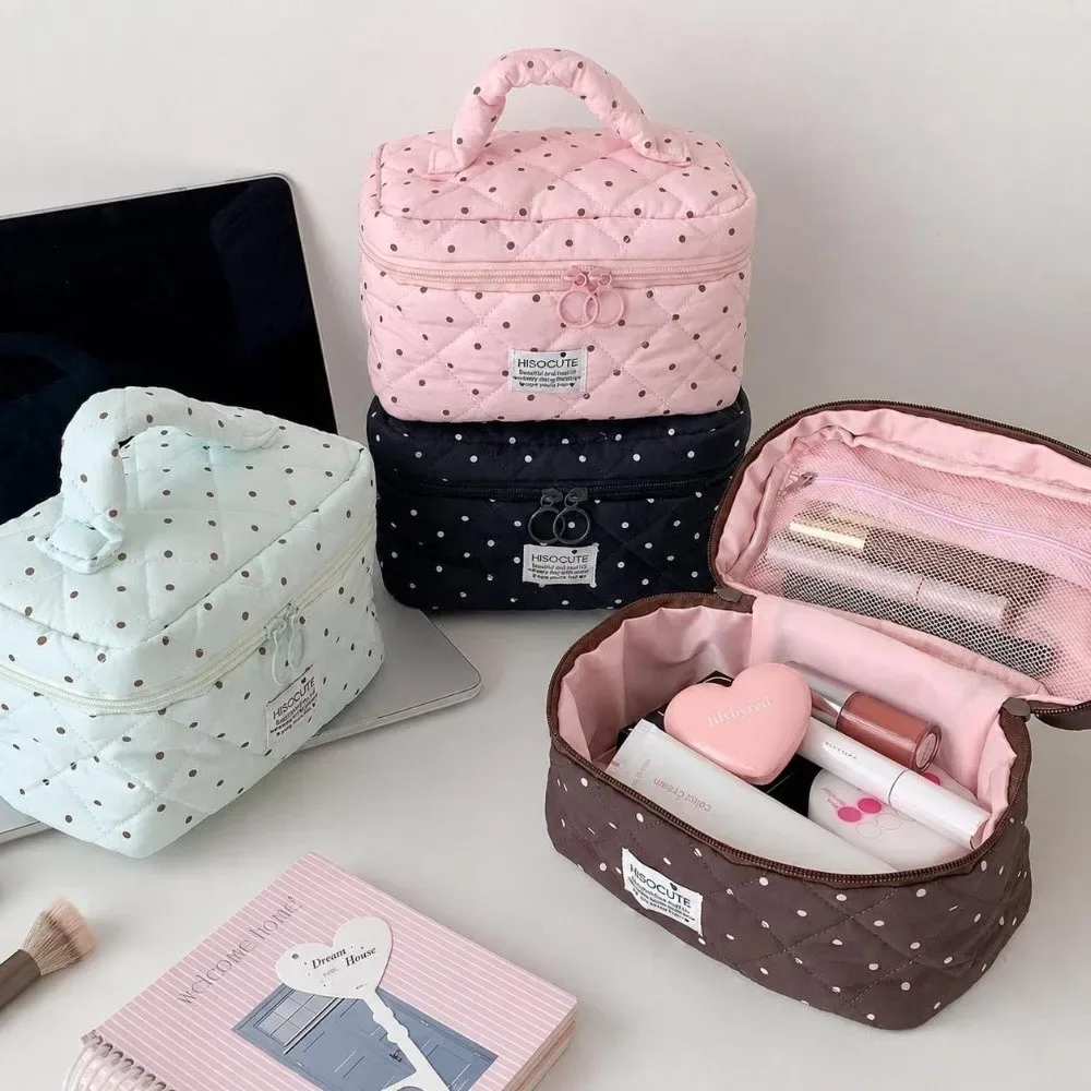 sac de maquillage matelassé à motif à pois kawaii, grande capacité avec poignée, organisateur de toilette de voyage, sac de rangement polyvalent pour femmes