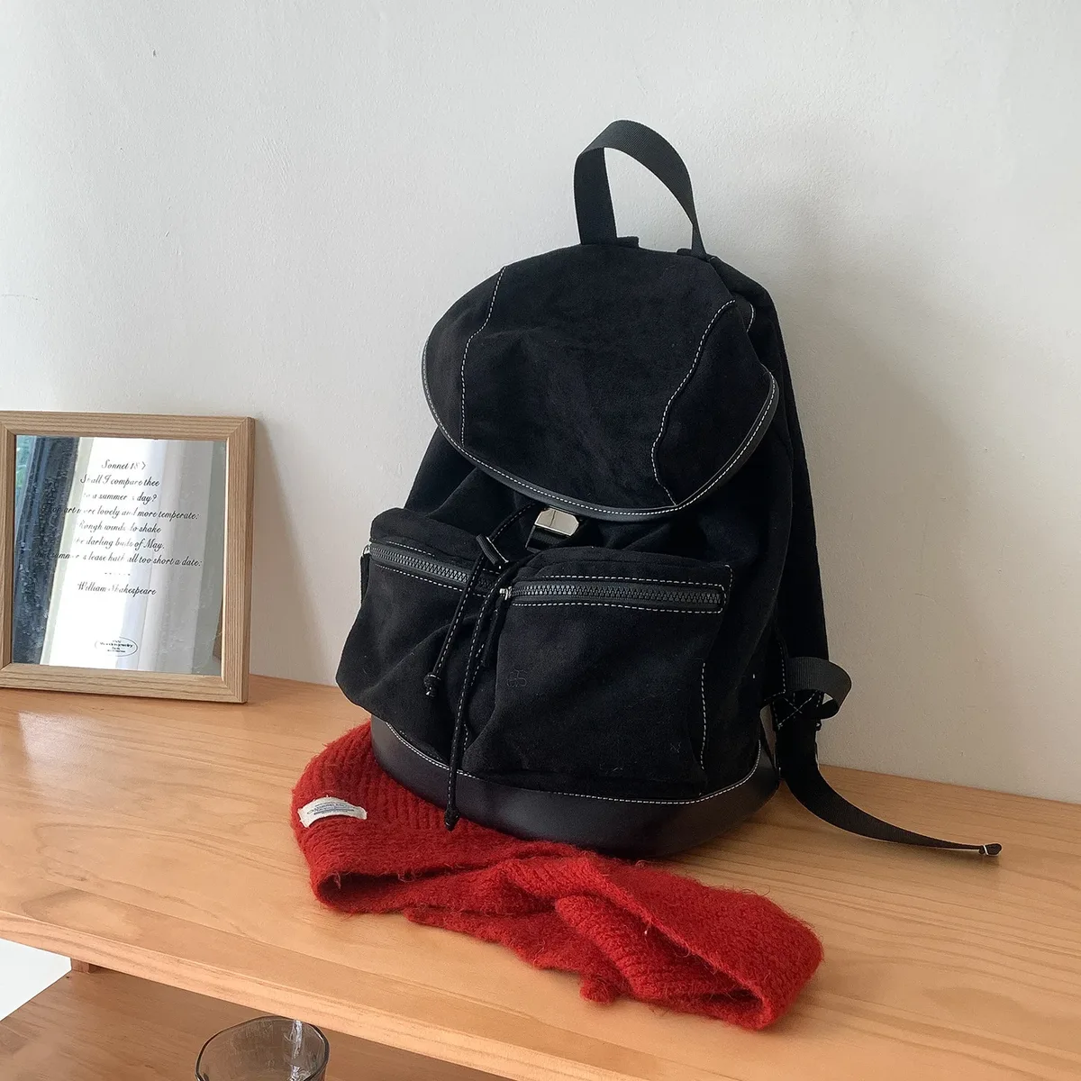 sac à dos à rabat avec cordon de serrage de style coréen, sac d'hiver vintage en daim de grande capacité à la mode, sac à bandoulière polyvalent pour voyage