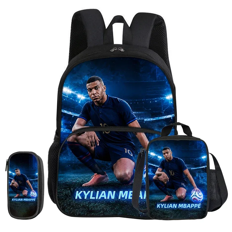 ensemble de 3 pièces m-mbappe avec sac à dos à poche avant, sac isotherme pour le déjeuner, trousse à crayons de star de football, cadeau pour enfants