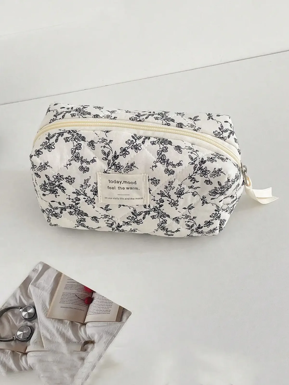 1 pièce/ensemble trousse de maquillage matelassée florale noir et blanc, trousse de maquillage portable, trousse de toilette de grande capacité, trousse de maquillage de rangement de voyage