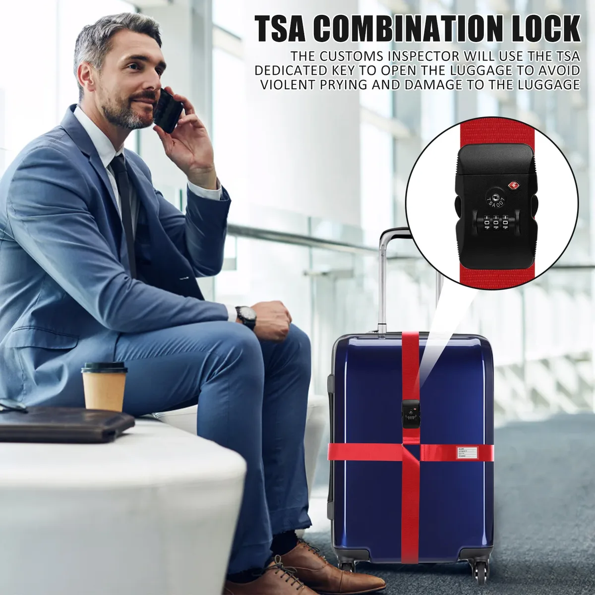 sangle de bagage croisée tsa, serrure douanière, ceinture de valise à longueur réglable avec étiquette d'identification transparente, ceinture de voyage durable pour bagages