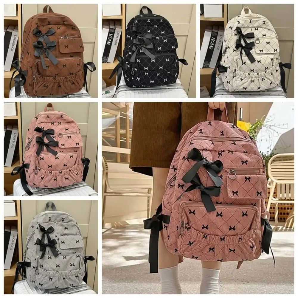 sac à dos décontracté en velours côtelé avec nœud, design soyeux, pour étudiants, en polyester, avec sangles fixes, grande capacité