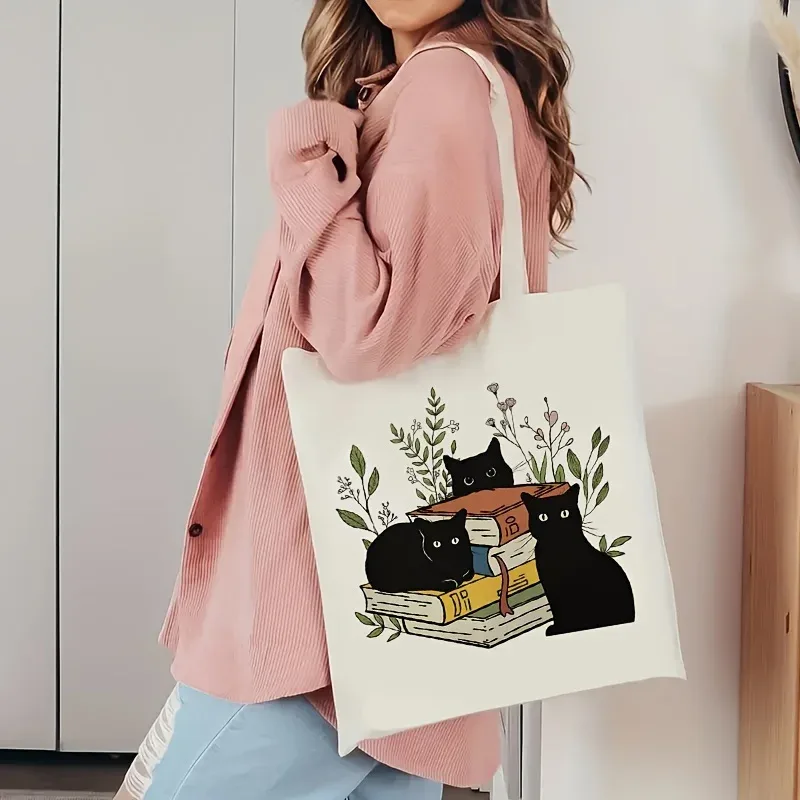 sac à main en toile à motif floral black cat book, sac à provisions double face, grand sac fourre-tout pour femmes, sac de shopping pliable