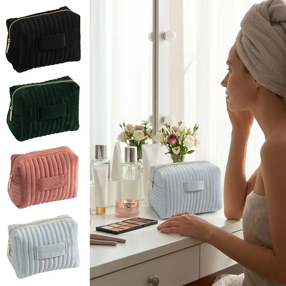 sac de maquillage en velours multi-usages, rayé, matelassé, au toucher doux, trousse de toilette grande capacité, sac cosmétique de voyage