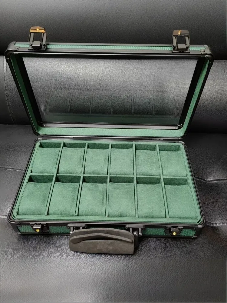 boîte de rangement de bijoux en aluminium à 12 fentes avec fenêtre, organisateur de boîtier de montre de luxe à lumière supérieure transparente pour porte-documents de montres