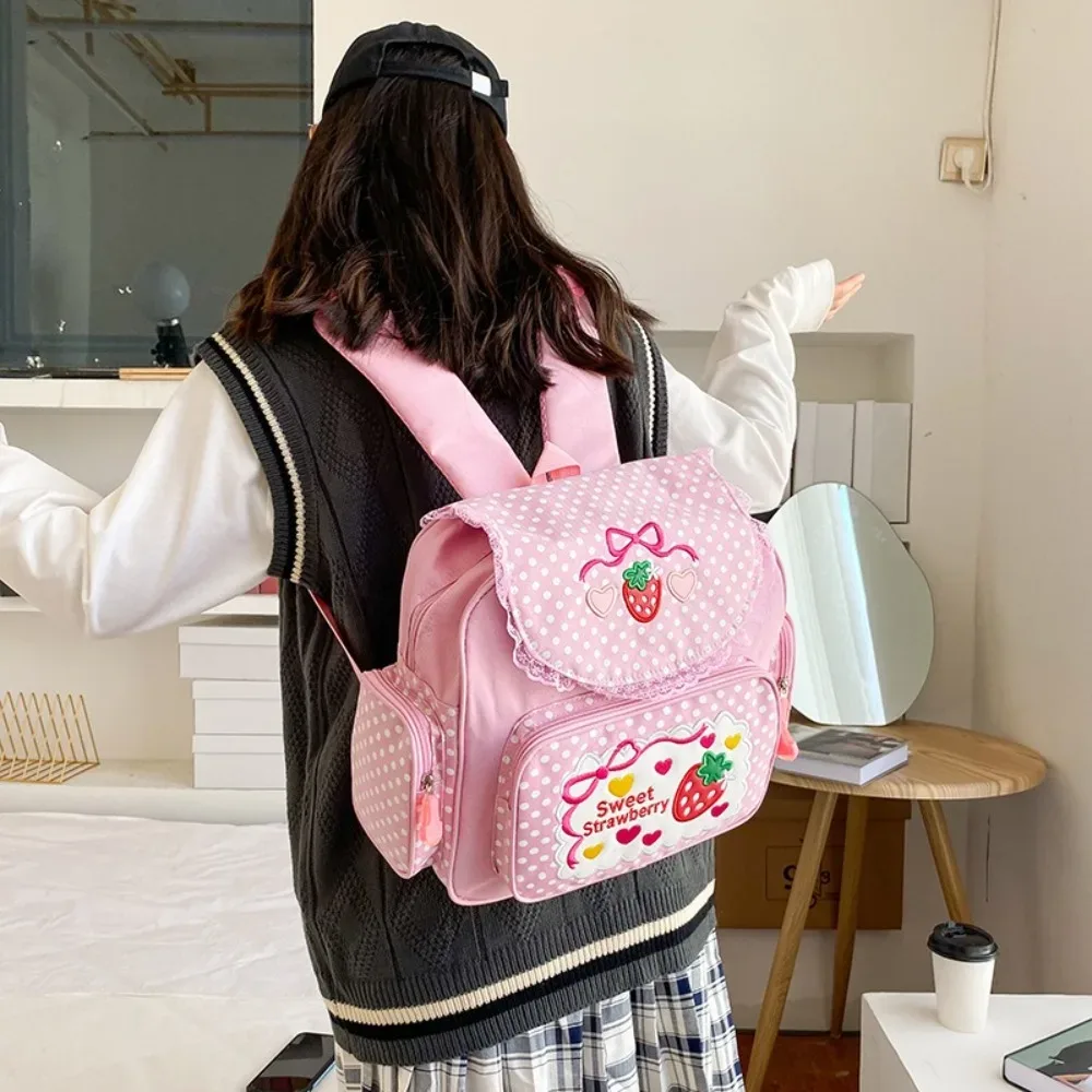 sac à dos décontracté pour fille, motif fraise de dessin animé, broderie nœud, grande capacité, pour étudiante
