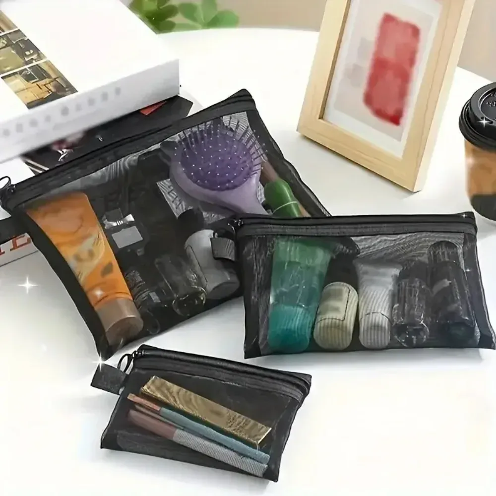 sacs à cosmétiques transparents en maille, 1/6 pièces, trousse de maquillage de voyage portable, petite et grande trousse de toilette noire, pochette de rangement pour rouge à lèvres