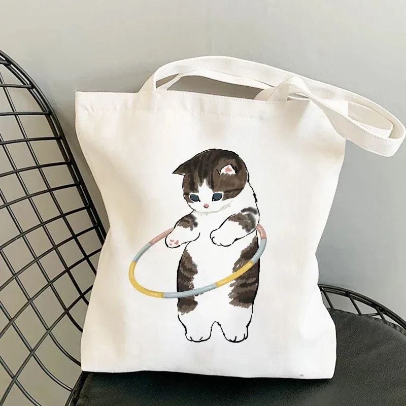 sac kawaii sac blanc sacs porté épaule sacs à provisions sacs à bandoulière en toile pour filles, sac de shopping à la mode, kawaii chats animaux mignons, sac de shopping, fourre-tout décontracté