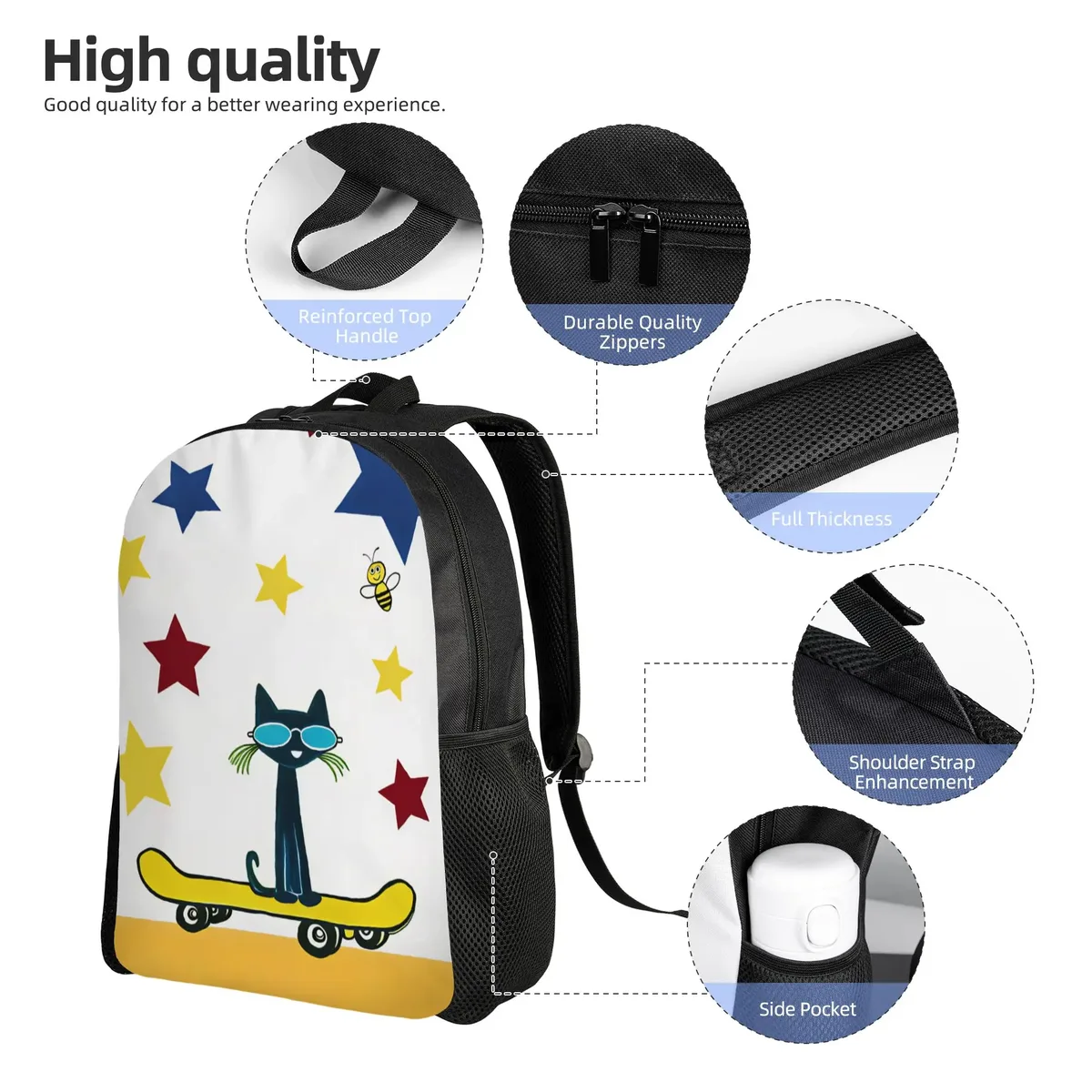 sac à dos élégant pete cat pour femmes et hommes, style outdoor, grands sacs de lycée, sac à dos de créateur