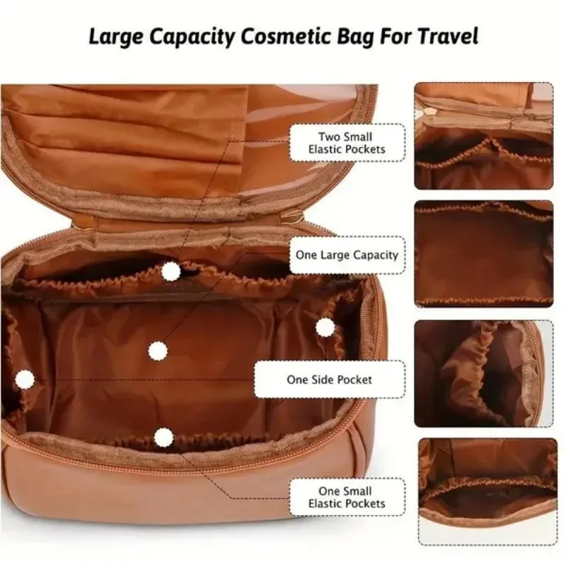 sac de maquillage portable en pu, grande pochette cosmétique imperméable, avec poignées, sac de rangement multifonctionnel pour articles de toilette de voyage