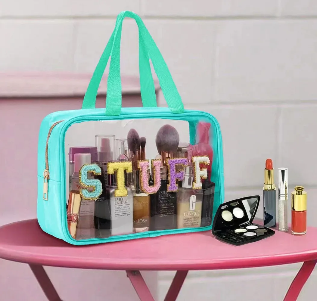 sac de maquillage transparent en pvc avec lettres brodées, sac de voyage imperméable de grande capacité, élégant organisateur de cosmétiques portable.