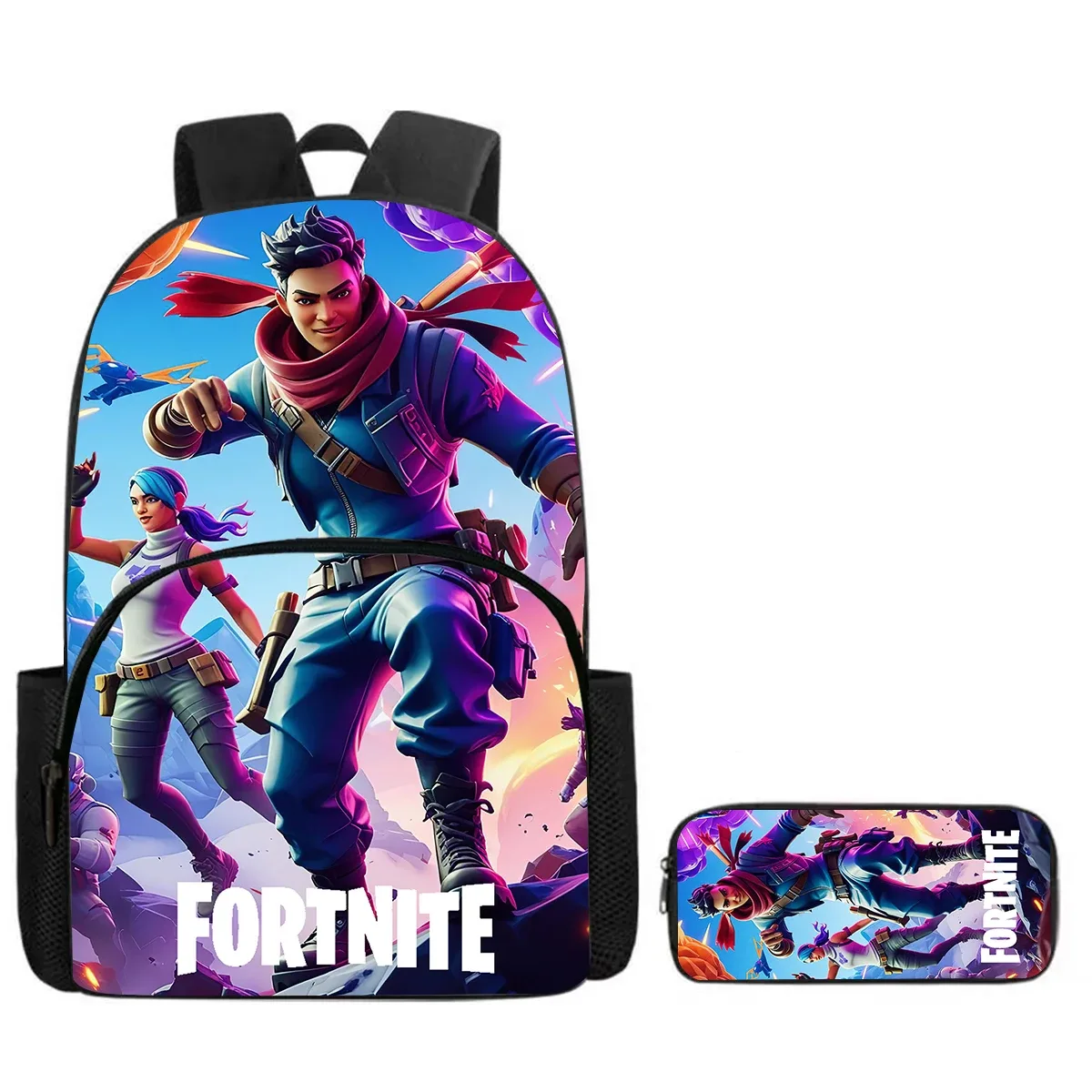 sac à dos de dessin animé fortnite avec poche avant et trousse à crayons 2 pièces - ensemble scolaire pour garçons et filles de 5 à 8 ans, cadeau de rentrée scolaire