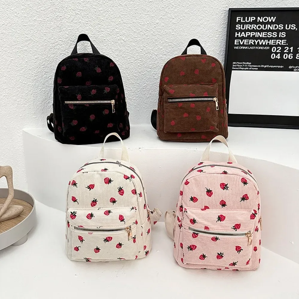 sac à dos fraise en velours côtelé, multi-poches, sangle réglable, sac à dos de voyage, grande capacité, motif fraise, sac à dos quotidien