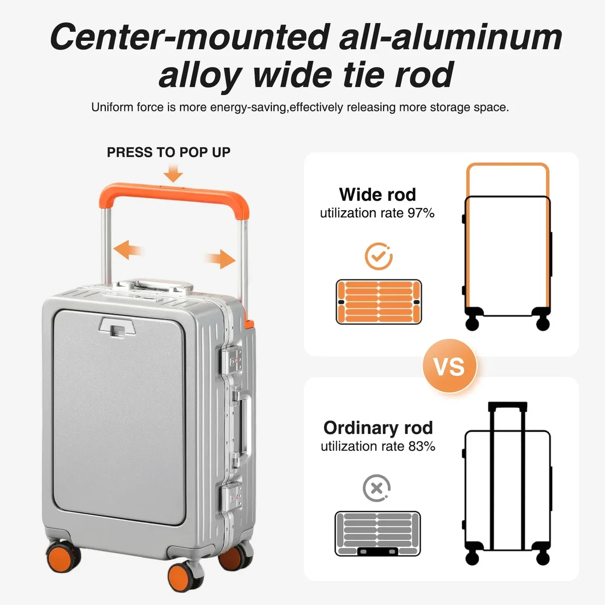 valise cabine à ouverture frontale avec roues pivotantes, port de charge, cadre en aluminium et poignée à code, idéale pour l'embarquement en avion