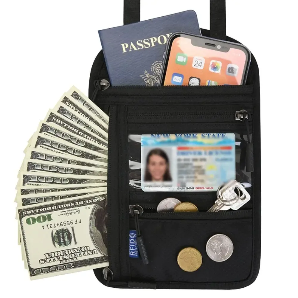 pochette de sécurité antivol en nylon, sac de passeport bloquant rfid avec sangle de cou réglable, portefeuille de voyage étanche
