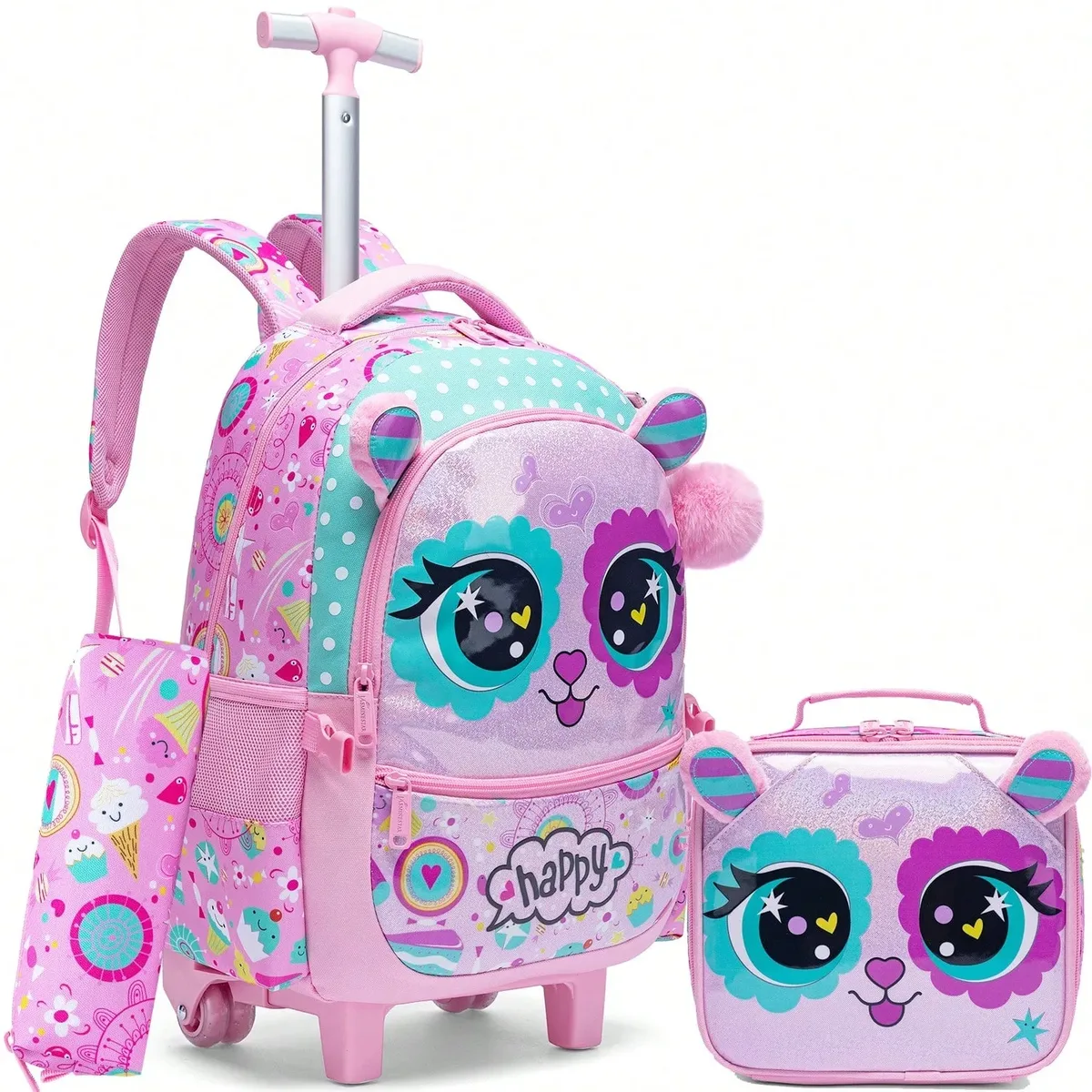 sac à dos à roulettes pour filles, sac à dos pour enfants à roulettes, ensemble de sacs à roulettes pour l'école avec boîte à lunch isotherme, sac de voyage pour enfants