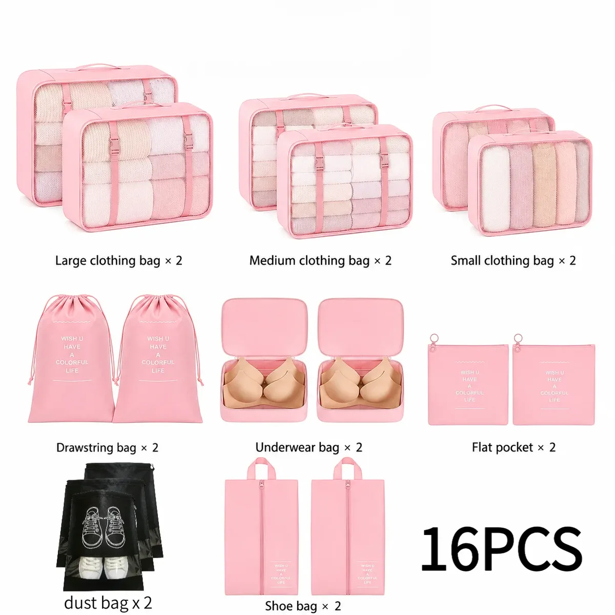 ensemble de 16 sacs de rangement de voyage, sac de voyage léger, utilisé pour la classification des bagages et des vêtements, sac de protection pour vêtements