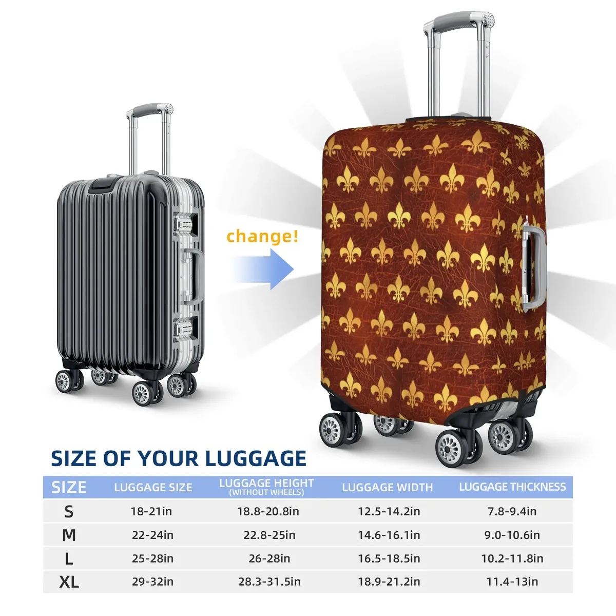 housse de protection pour bagages en cuir marron doré royal, motif fleur de lis, housse de protection amusante pour valise, convient aux valises de 18 à 32 pouces