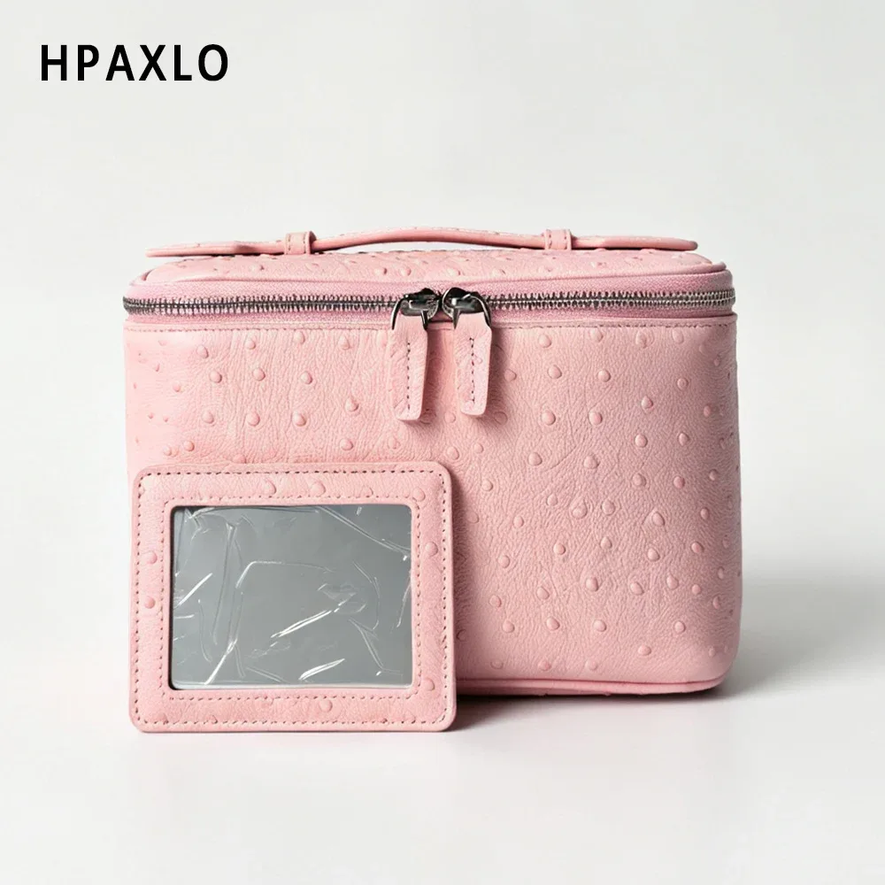 nouvelle trousse de toilette en cuir véritable à motif autruche pour femmes, grande capacité, organisateur de salle de bain de luxe