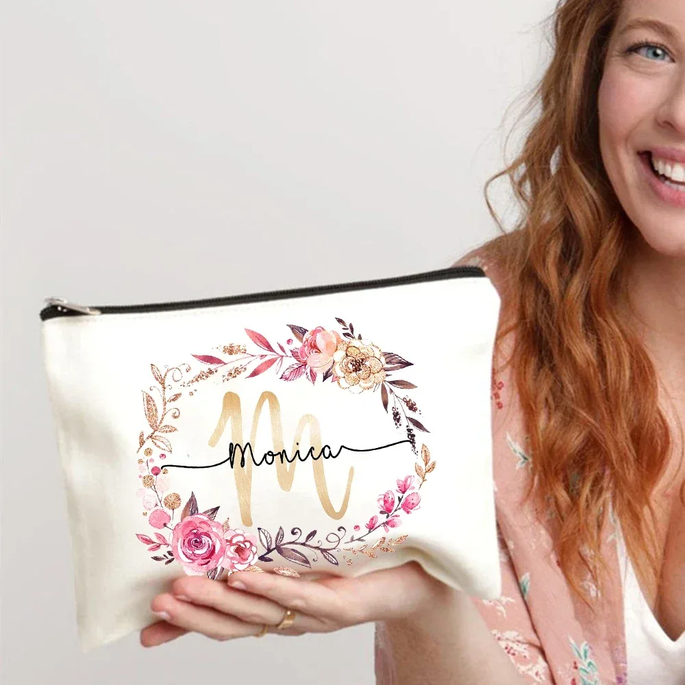 Trousse de Maquillage Personnalisée avec Initiale et Nom, Étui à Cosmétiques pour Patients, Monogramme en Toile, Poudres de Toilette, Cadeaux d'Anniversaire, de Mariage, de Demoiselle d'Honneur