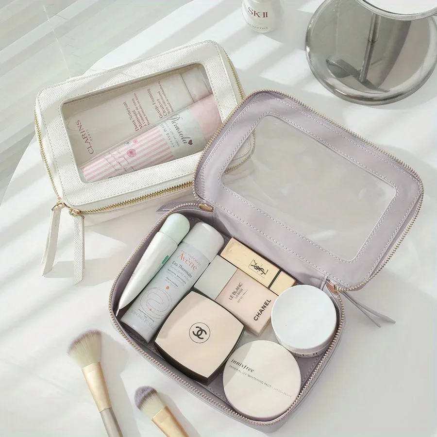 trousse de maquillage de voyage à fermeture éclair, petite trousse de toilette en cuir, sac de rangement multifonctionnel transparent et étanche, accessoires de voyage
