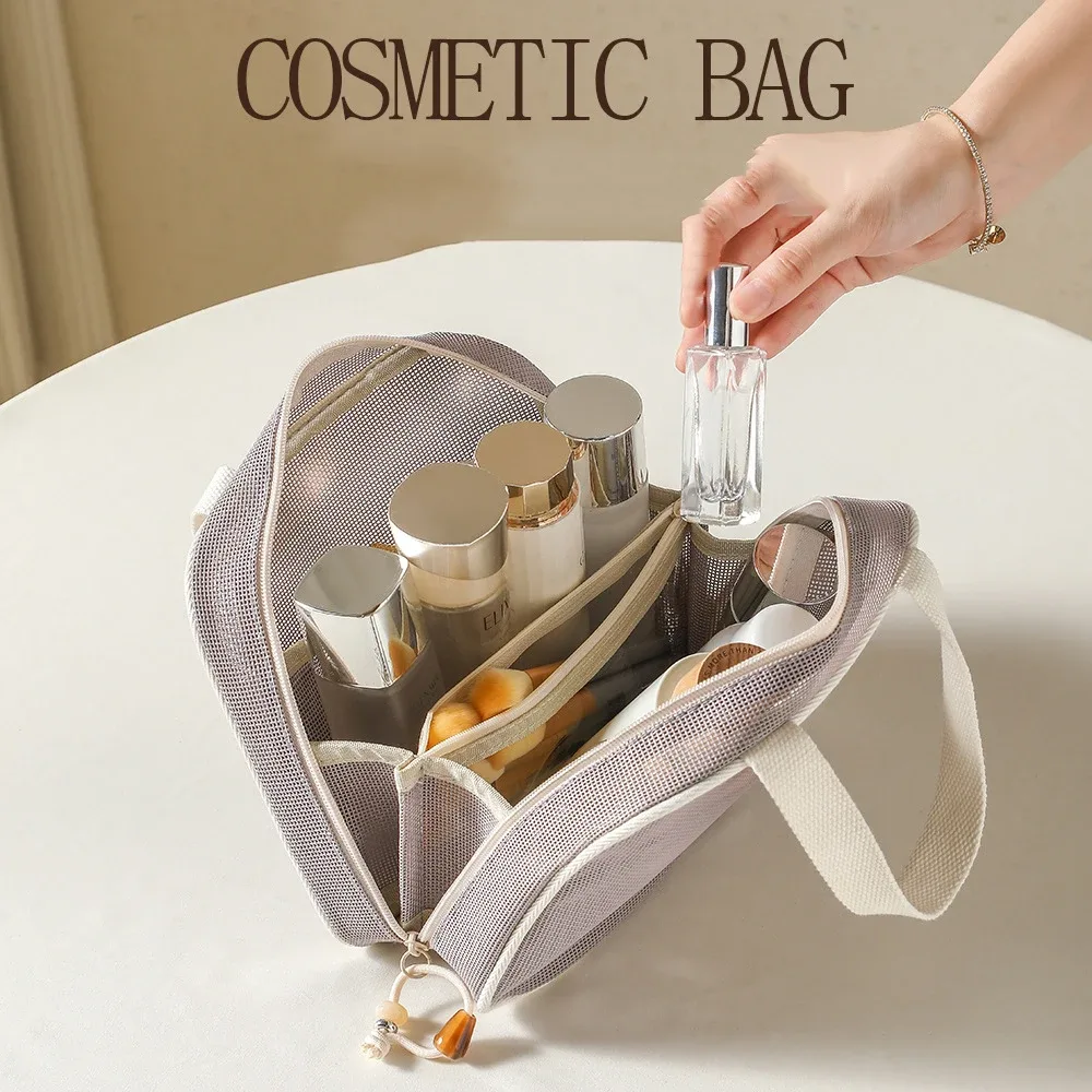 sac de rangement de maquillage fourre-tout transparent en maille, sac de toilette d'oreiller, sac de toilette cosmétique, pochette de rangement portable de grande capacité pour femmes, pochette