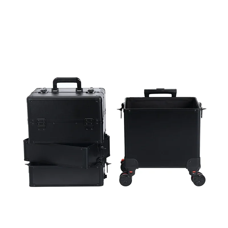trousse de maquillage professionnelle 4 en 1, étui à cosmétiques roulant en aluminium sur roulettes, organisateur de maquillage d'artiste, rangement avec plateaux