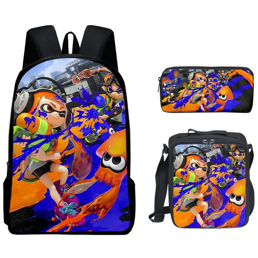 splatoon-sac à dos pour ordinateur portable, sac à bandoulière incliné, trousse à crayons, sac à dos pour 3 élèves, jeu de mode créatif, ensemble de 3 pièces
