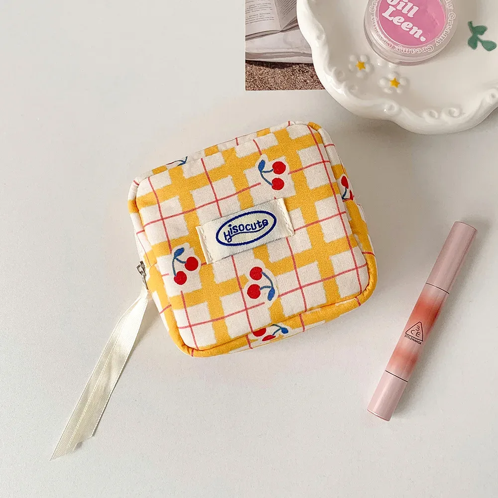 sacs de maquillage pour femmes, sacs à cosmétiques japonais à carreaux cerise dopamine doux kawaii, sac de rangement portable multifonctionnel pour filles