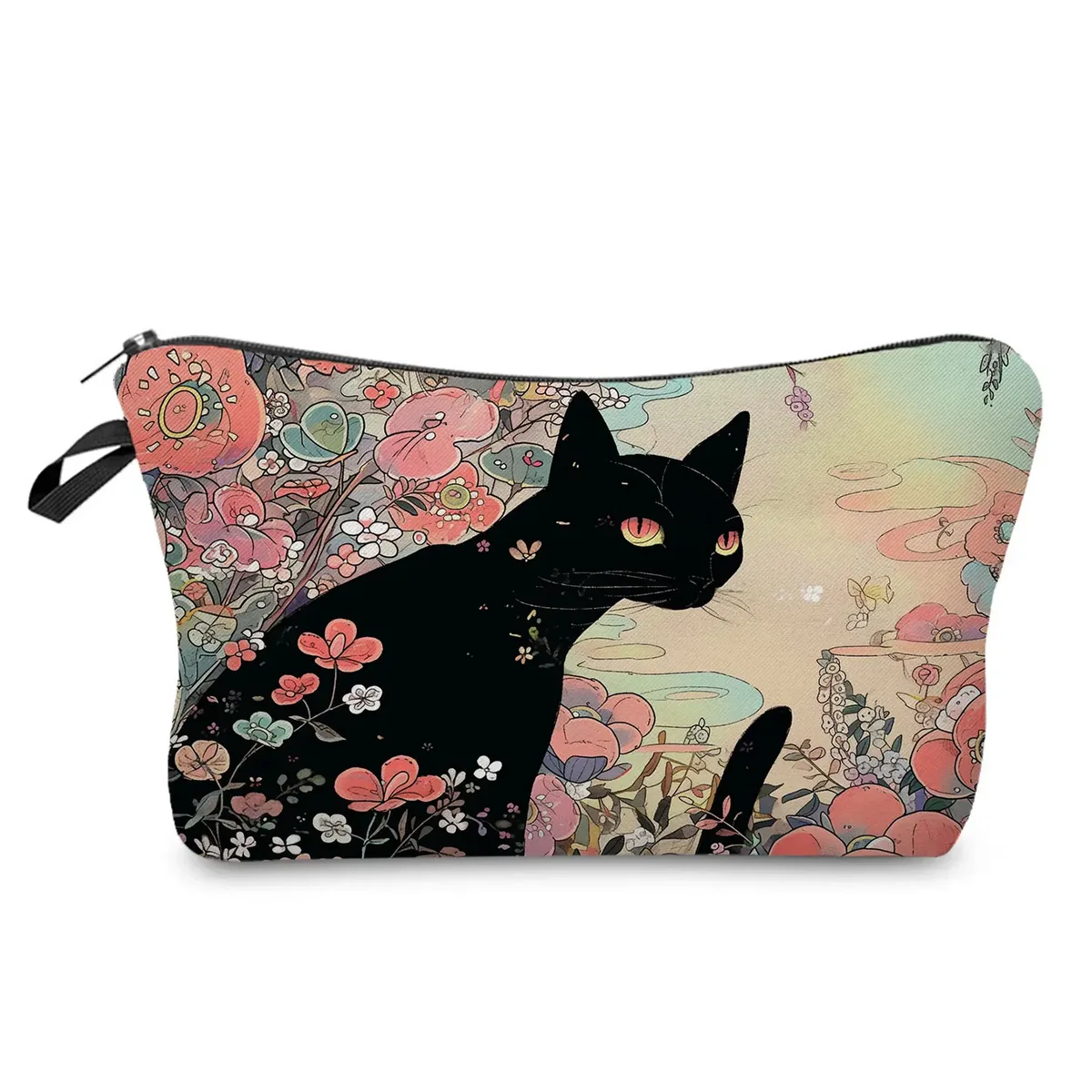 sacs de maquillage college chat noir pour femmes, sacs de rangement portables de voyage, impression d'animaux kawaii décontractés, sacs à cosmétiques double face avec fermeture éclair
