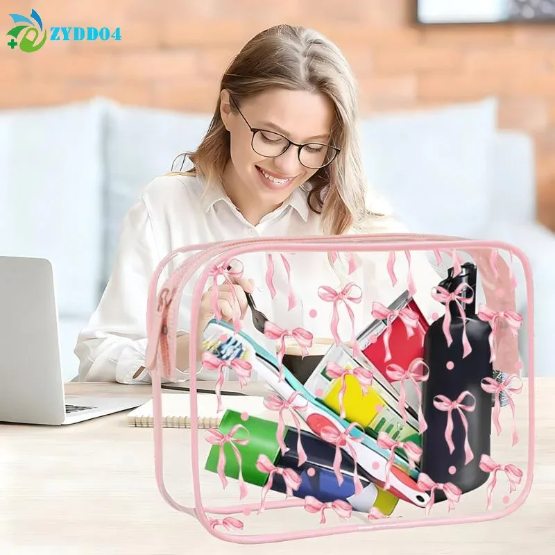 ● 1pcs pochette en nylon pvc imperméable à imprimé nœud mignon, sac à maquillage transparent, pochette zippée pour articles de toilette, sacs cosmétiques