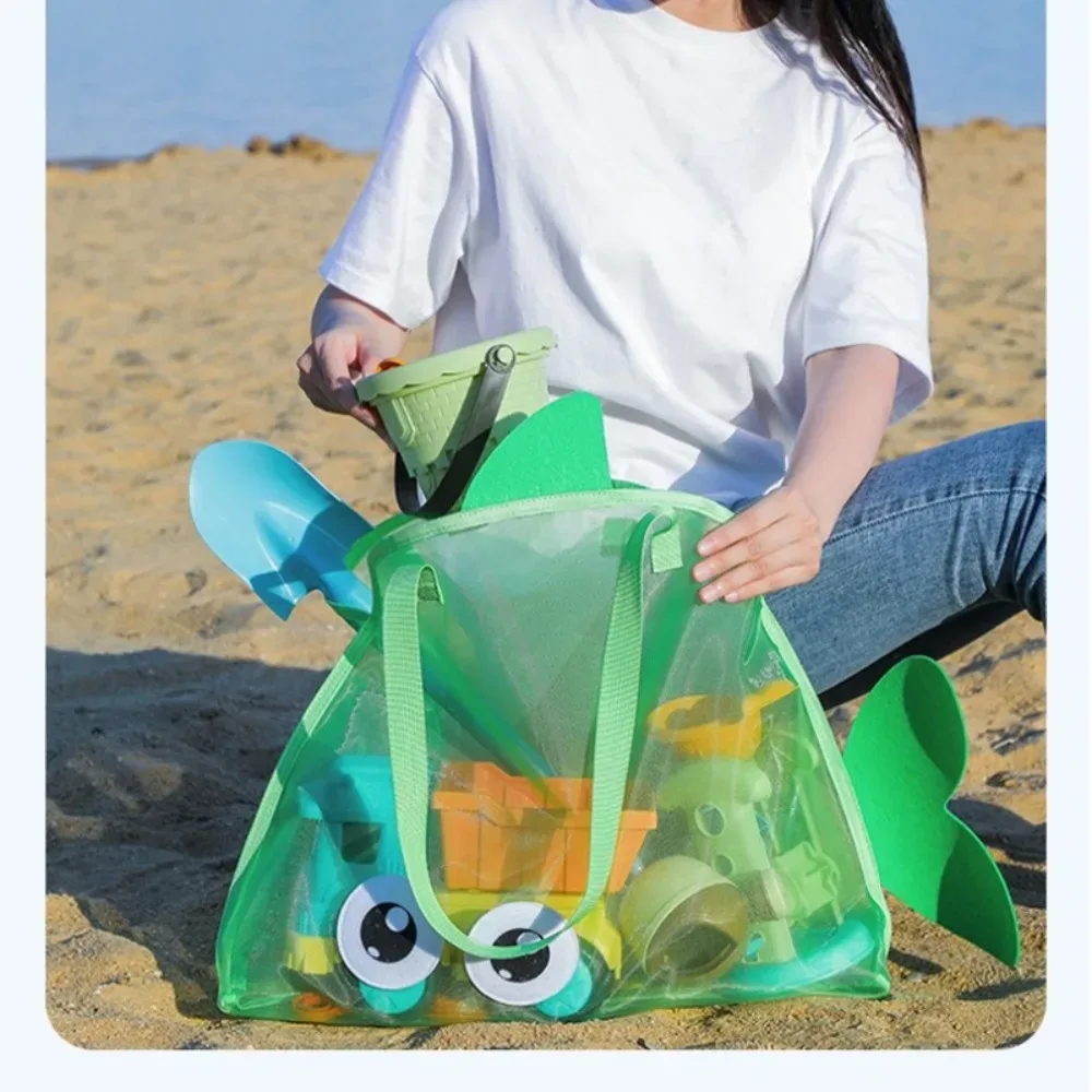 sacs de plage en maille colorés pour enfants, motif requin de dessin animé, anti-sable, séchage rapide, sacs de rangement pour coquillages et jouets, pour les vacances des tout-petits