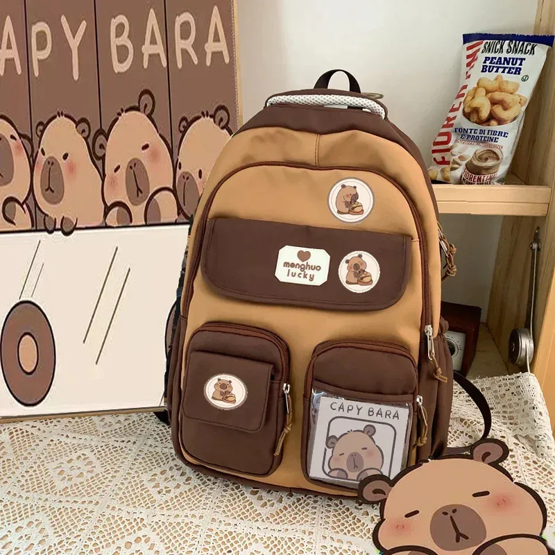 dessin animé capybara école sac à dos étudiant pochette d'ordinateur tissu imperméable sangle réglable sac de voyage décontracté avec plusieurs poches