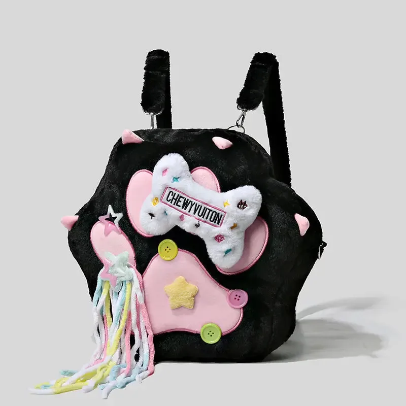 sac à dos en peluche patte de chat mignon avec bretelles réglables, sac kawaii en fourrure douce, sac à dos de dessin animé pour femmes et filles, cadeaux de noël