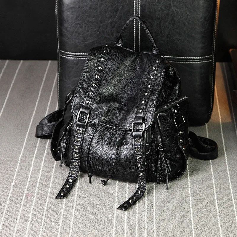 2022 new rivet designer backpacks women genuine sheep leather backpacks punk lady girl big travel bags gothic student school bag