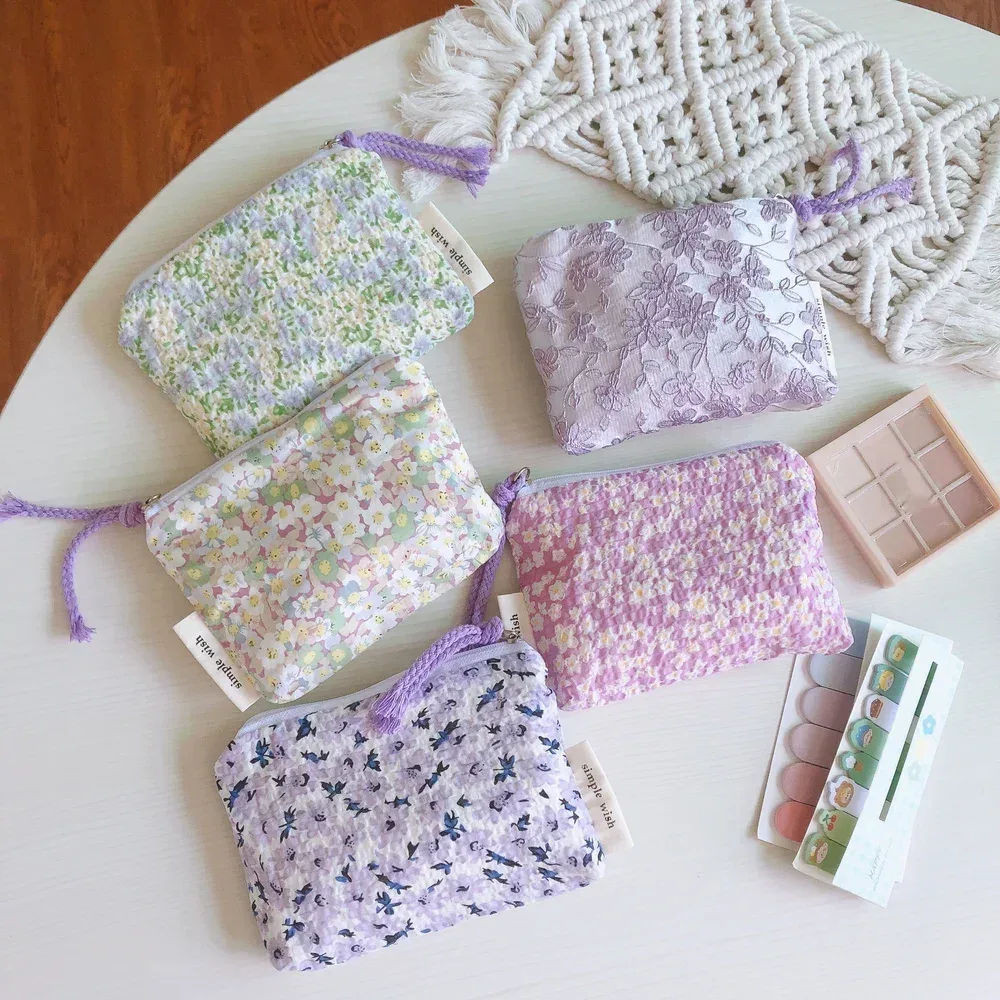 Petit sac de maquillage cosmétique, Mini sacs de rangement floraux en coton pour femmes, étui de maquillage pour rouge à lèvres, petit porte-monnaie pour enfants, pochette pour pièces de monnaie