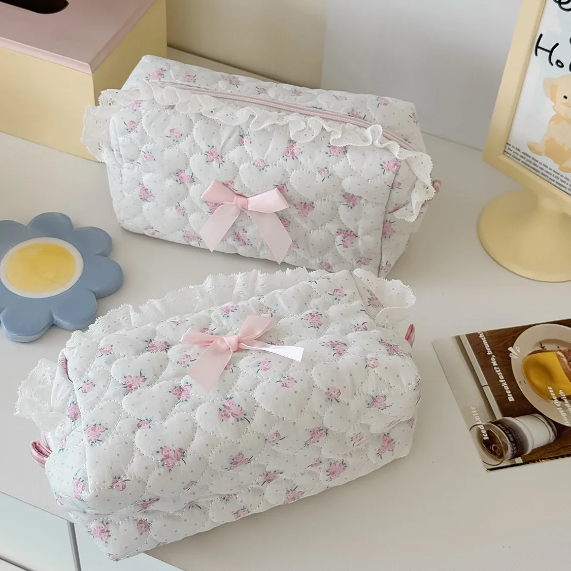 gros fleur femmes dentelle petit sac de maquillage organisateur de voyage sac à main cosmétique pochette filles mignon arc carré fermeture éclair portefeuille sacs