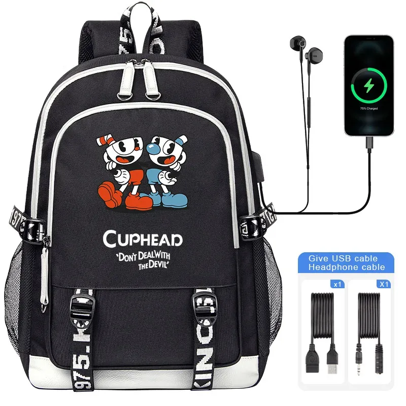 cuphead mugman sacs d'école pour adolescent usb charge sac à dos pour ordinateur portable garçons filles étudiant livre sac mochila sac de voyage