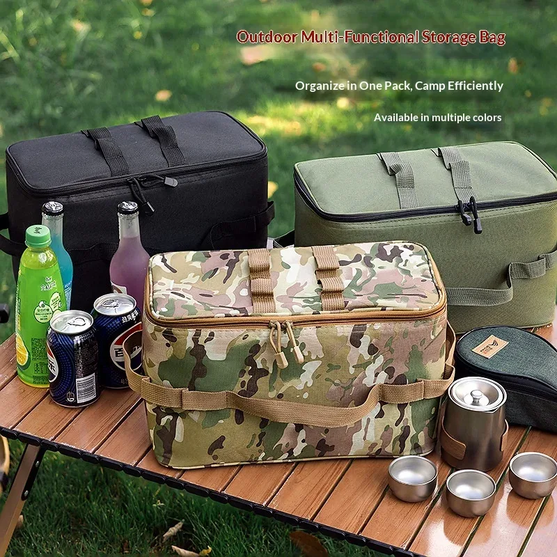 Sac de rangement de camping extérieur grande capacité - Sac à outils pour piquets de sol avec kit d'ustensiles de cuisine de pique-nique et organisateur de cartouches de gaz