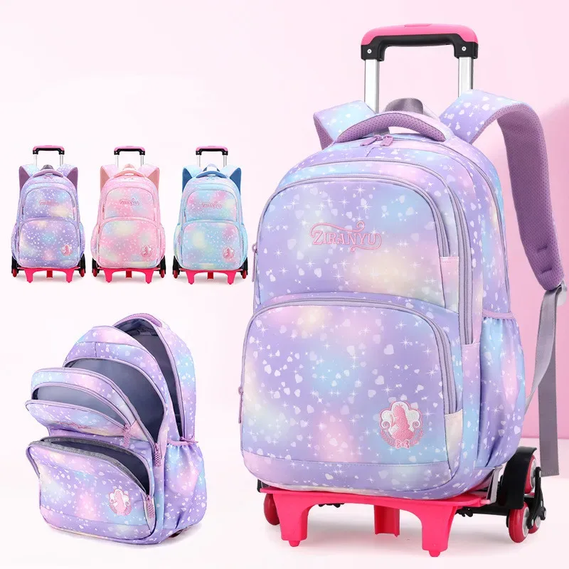 Sac à dos pour enfants avec roulettes sacs d'école pour filles sac à roulettes mignon cartable princesse sac à dos à roulettes sacs à livres pour enfants