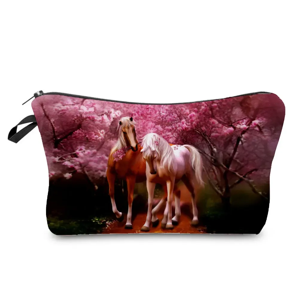 sacs de maquillage imprimés cheval pour femmes, sac à cosmétiques décontracté pour filles, mini trousse de toilette écologique réutilisable de voyage, trousse à crayons pour étudiants