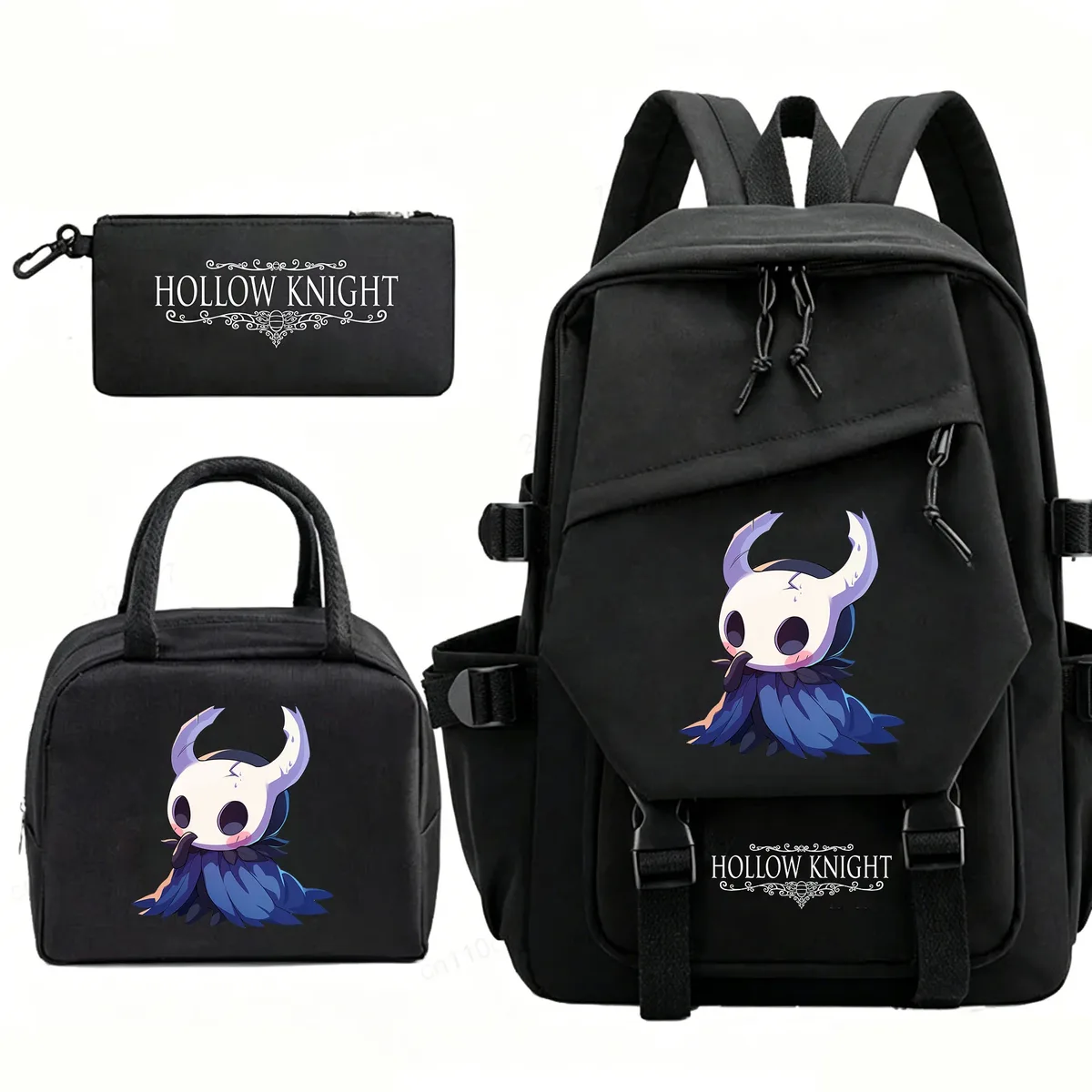 sac à dos hollow knight pour hommes et femmes, sac de voyage, sac à déjeuner, trousse à crayons, ensemble de 3 pièces, cartable pour étudiants