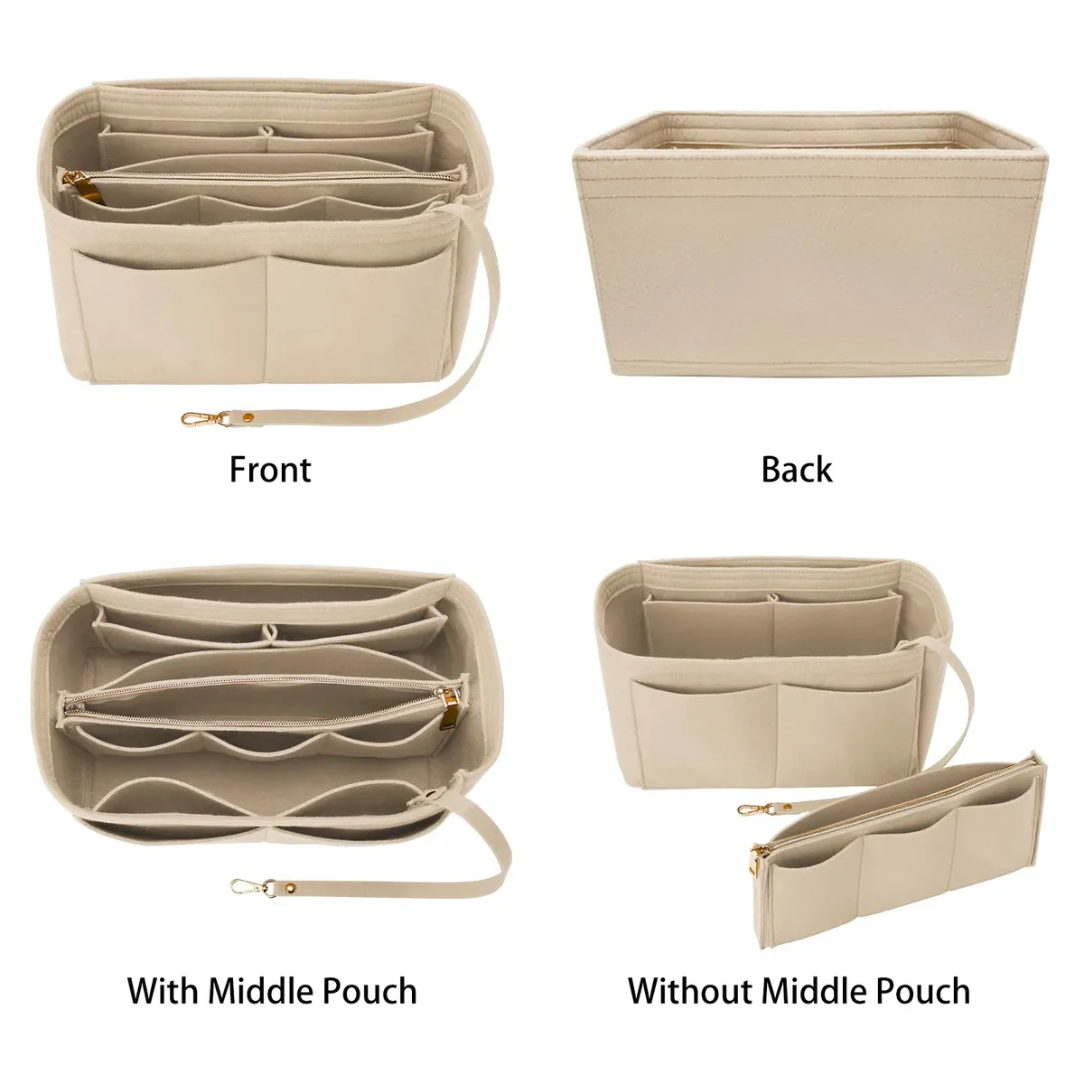 insert organisateur de sac à main en feutre – séparateur de sac fourre-tout de voyage avec fermeture éclair, insert de sac à main pour longchamp, neverfull, speedy & more