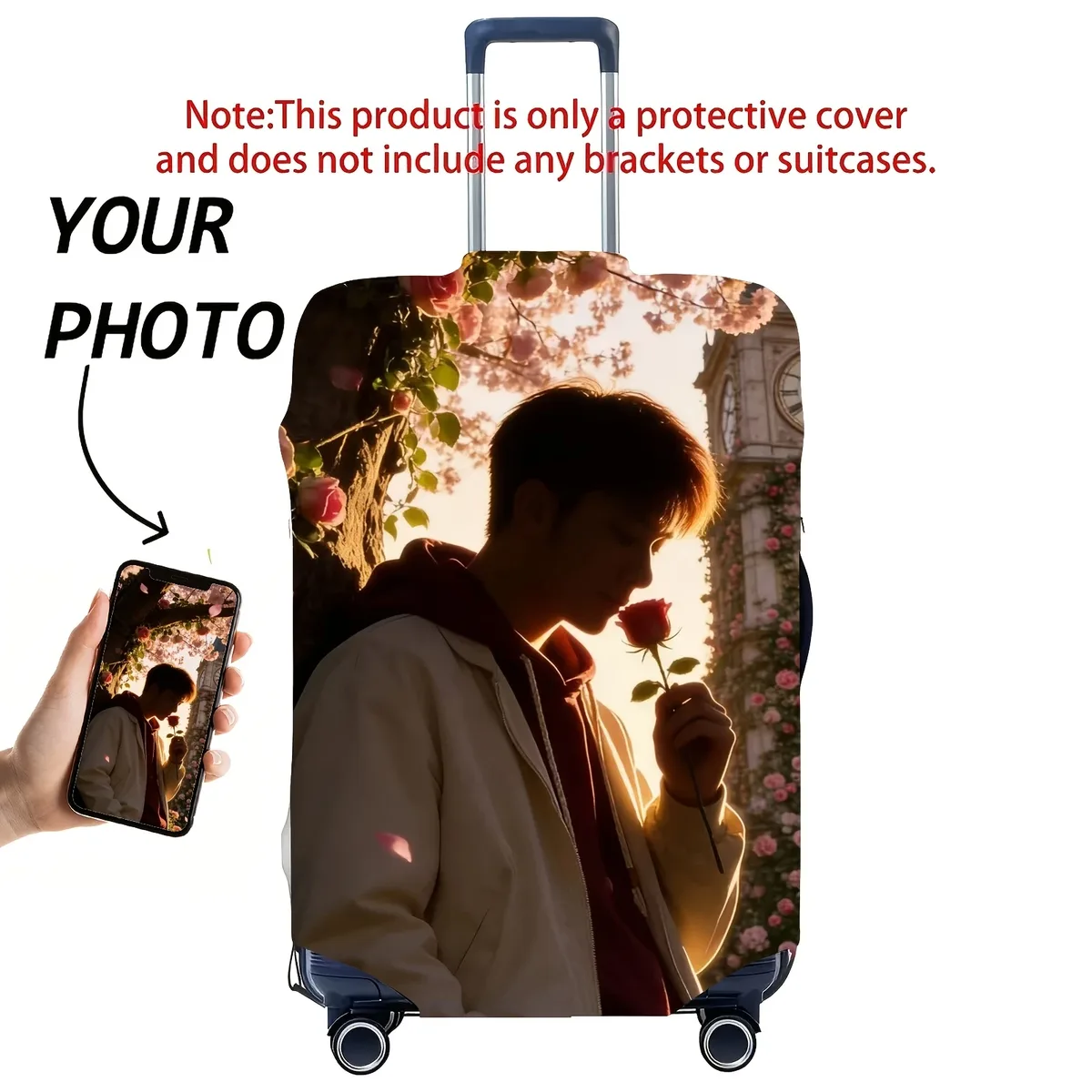 valise personnalisable avec photo et texte personnalisés, impression recto-verso, polyester élastique, protection de valise lavable