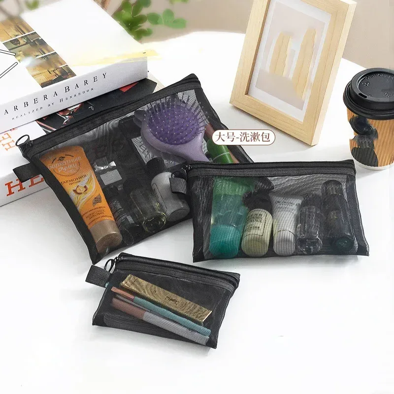 mode petit grand organisateur noir pochette de toilette et de maquillage maille transparente fermeture éclair sac cosmétique femmes organisateur nécessaire